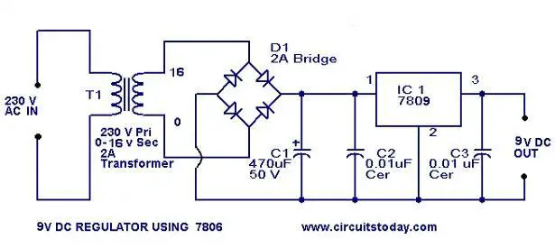 Design of 9 V regulator using 7809 with circuit diagram and schematics