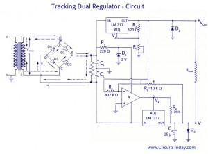 Dual Voltage Supplies-Power Supply using LM 320 and LM 340,Working,Circuit