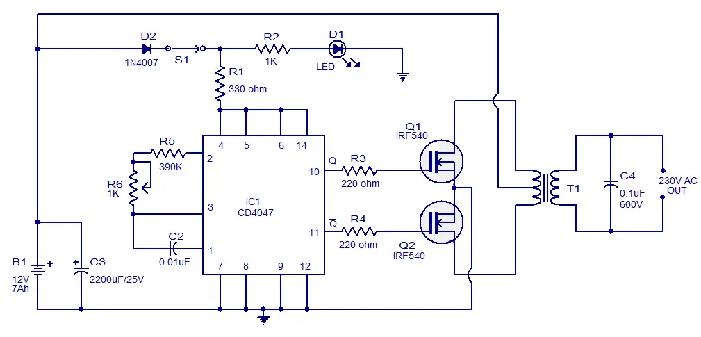 Simple 100W Inverter Circuit -  lively and Circuit Diagram  
