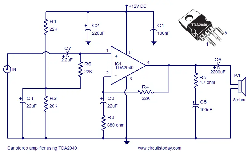 Car Amplifier Circuit Schematic Using Tda2040 Integrated Audio Amplifier