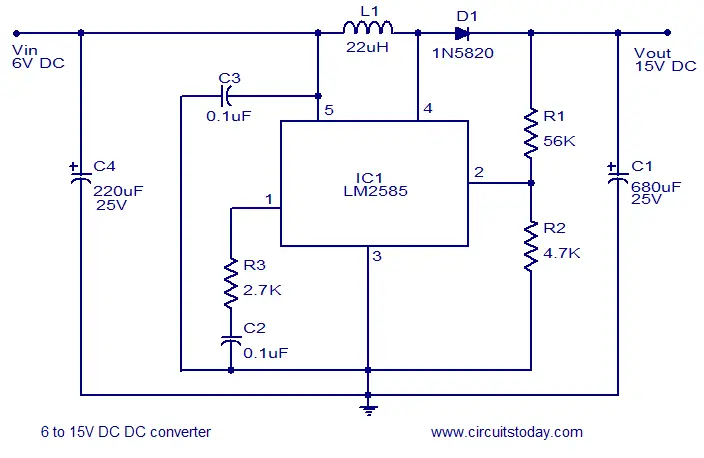 6V to15V DC to DC converter using LM2585 wired in the boost mode.