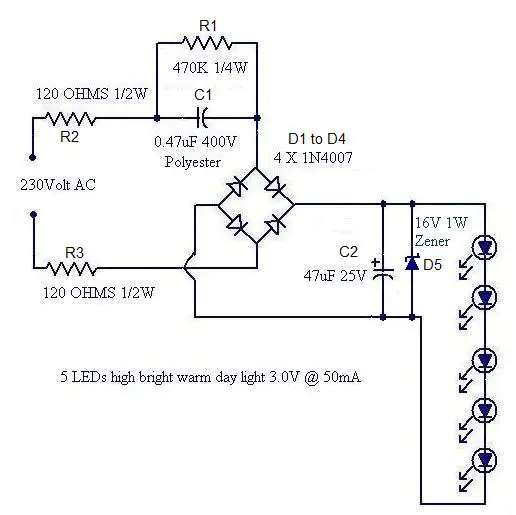 A simple LED lamp circuit from scrap. Uses 5 takes only 50