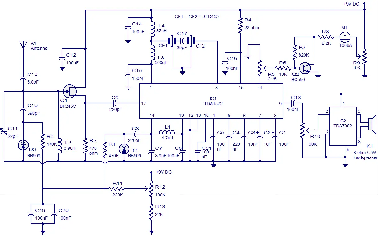 AM radio circuit based on TDA1572. 9V operation,2W output