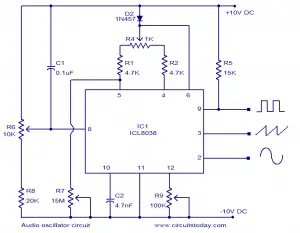 Audio oscillator circuit based on ICL8038. Square, triangle and sine ...