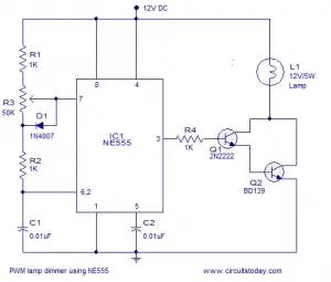 PWM lamp dimmer using NE555 timer IC. Complete circuit diagram and working