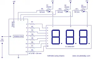 Simple 0-5V three digit voltmeter using arduino. 50mV sensitivity