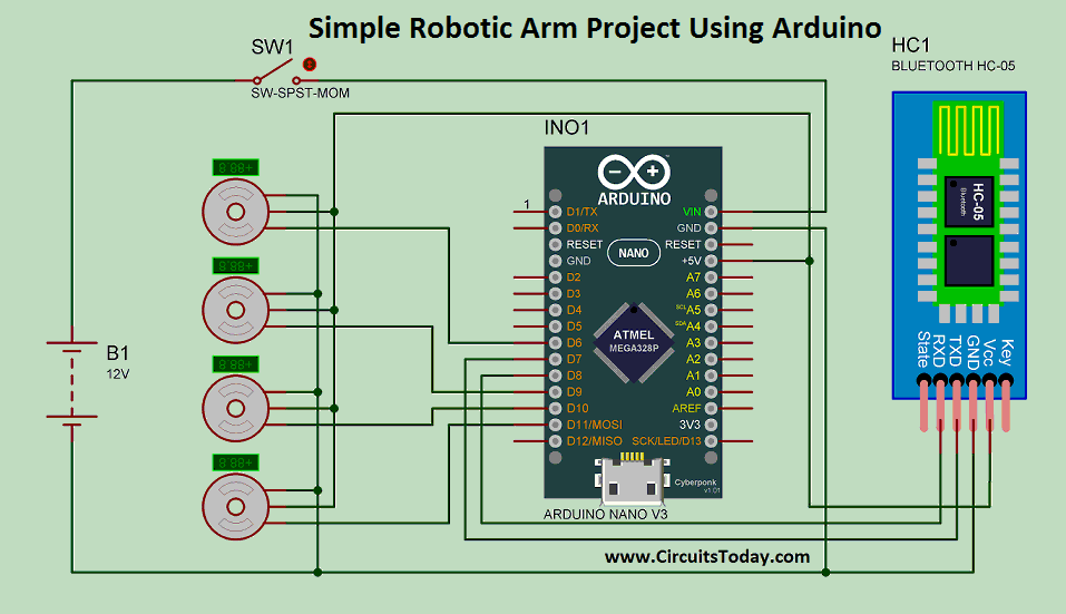 Simple Robotic Arm Project Using Arduino-Circuit Diagram-Working-Video